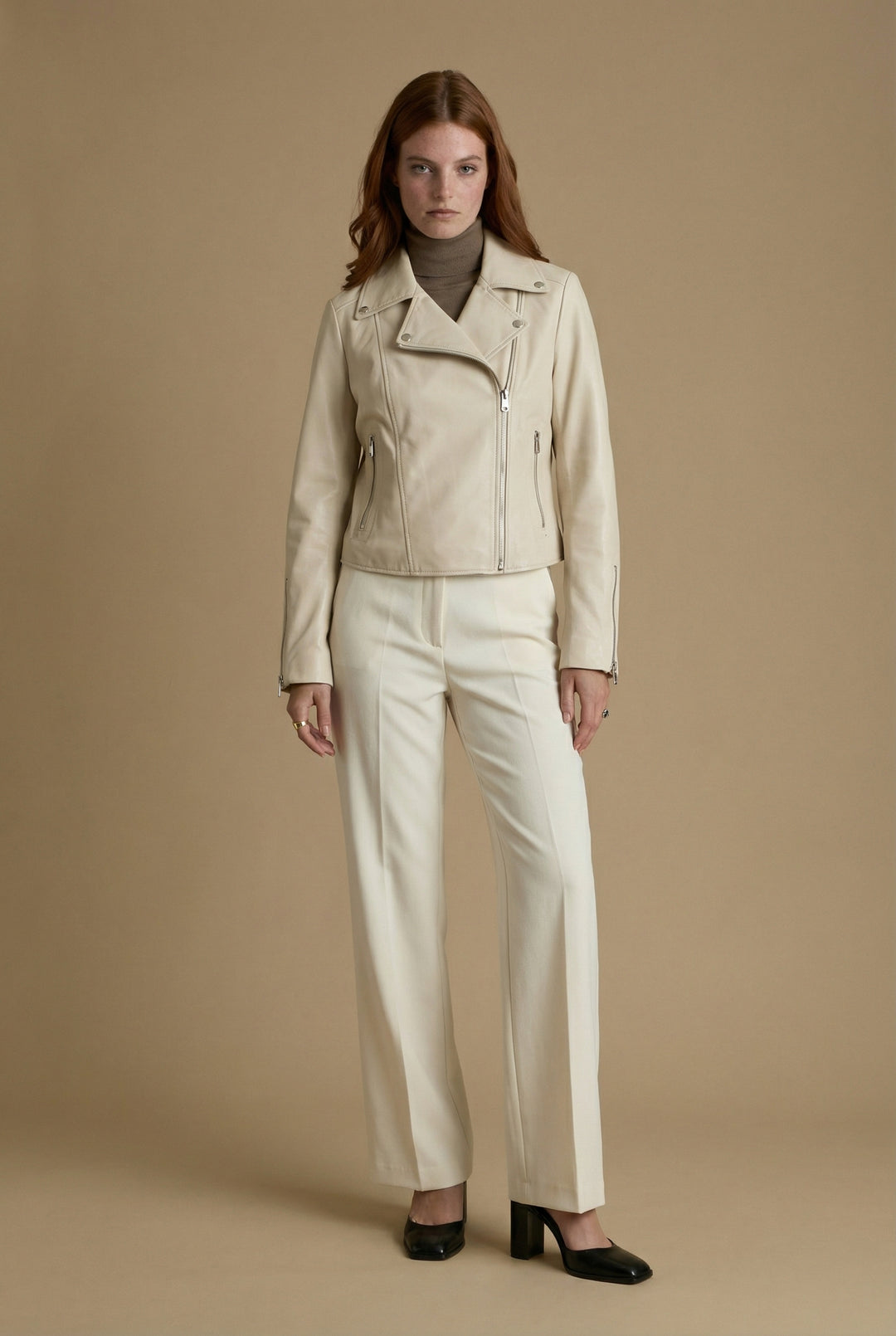 Charlotte women’s beige nappa leather jacket front view – tailored biker style in 100% British leather