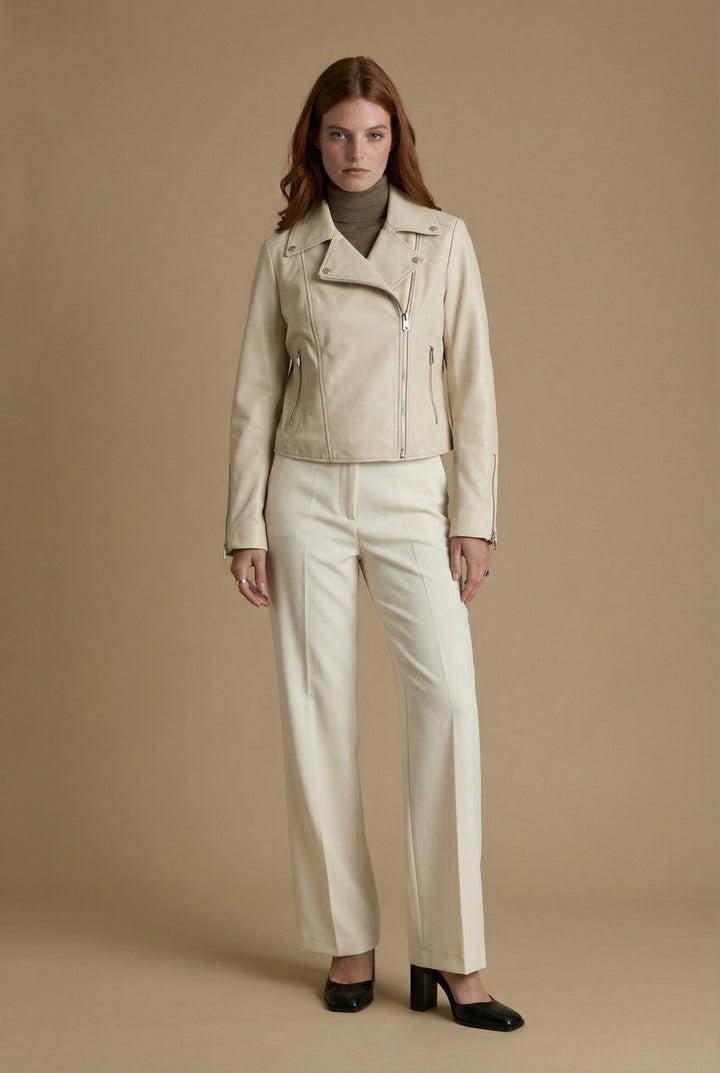 Charlotte women’s beige nappa leather jacket front view – tailored biker style in 100% British leather