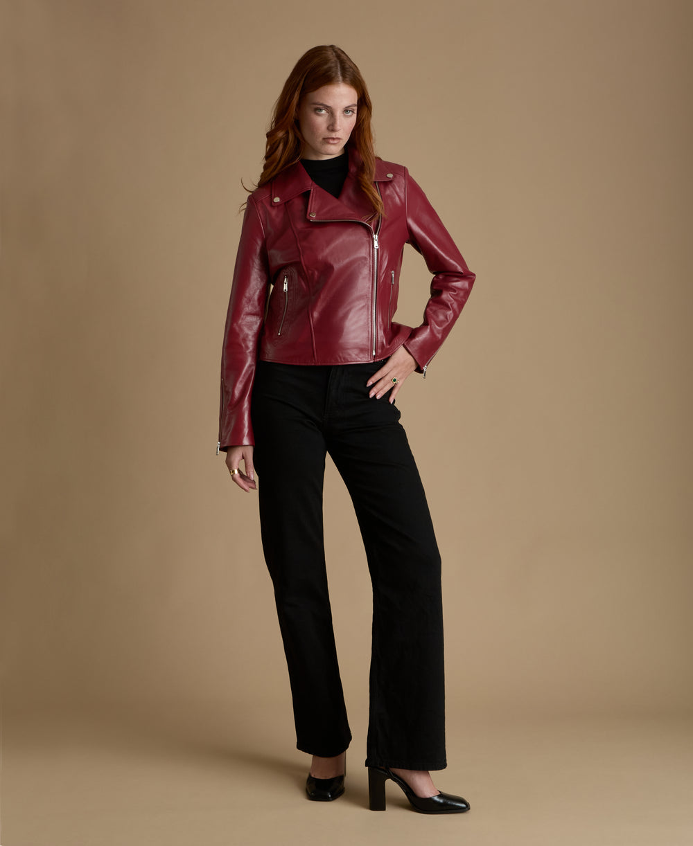 Women’s burgundy leather biker jacket with silver hardware and asymmetric zip – Charlotte by FURNIQ UK
