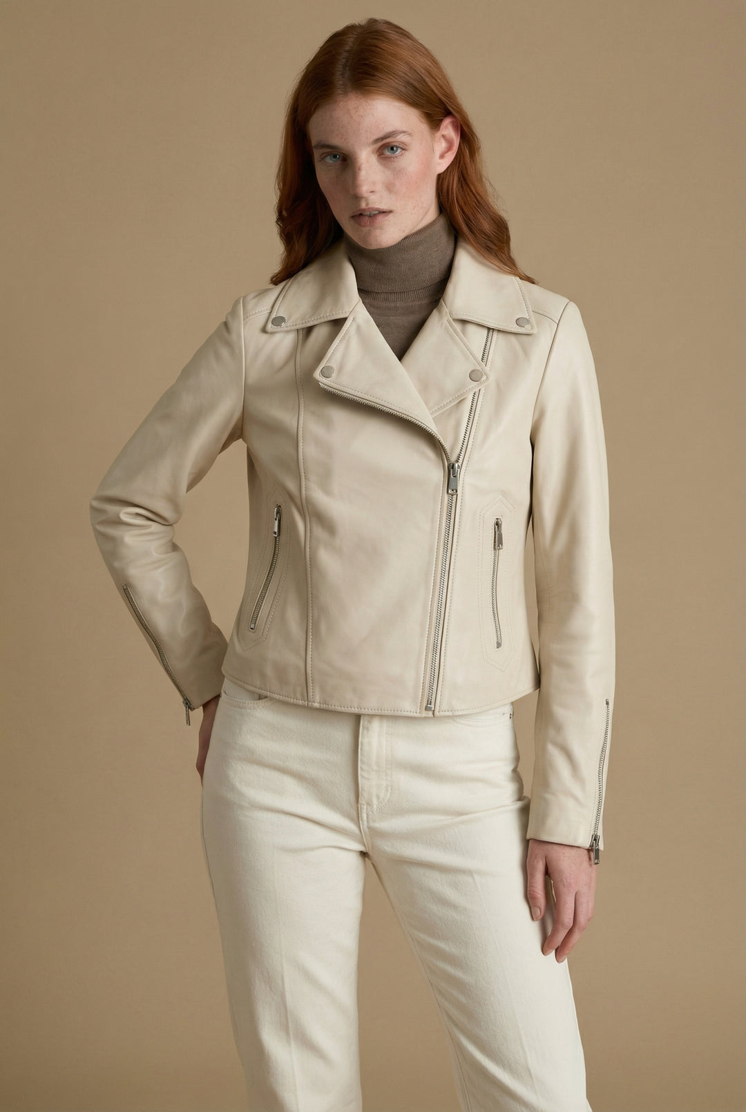 Women’s beige leather biker jacket with silver hardware – Charlotte by FURNIQ UK
