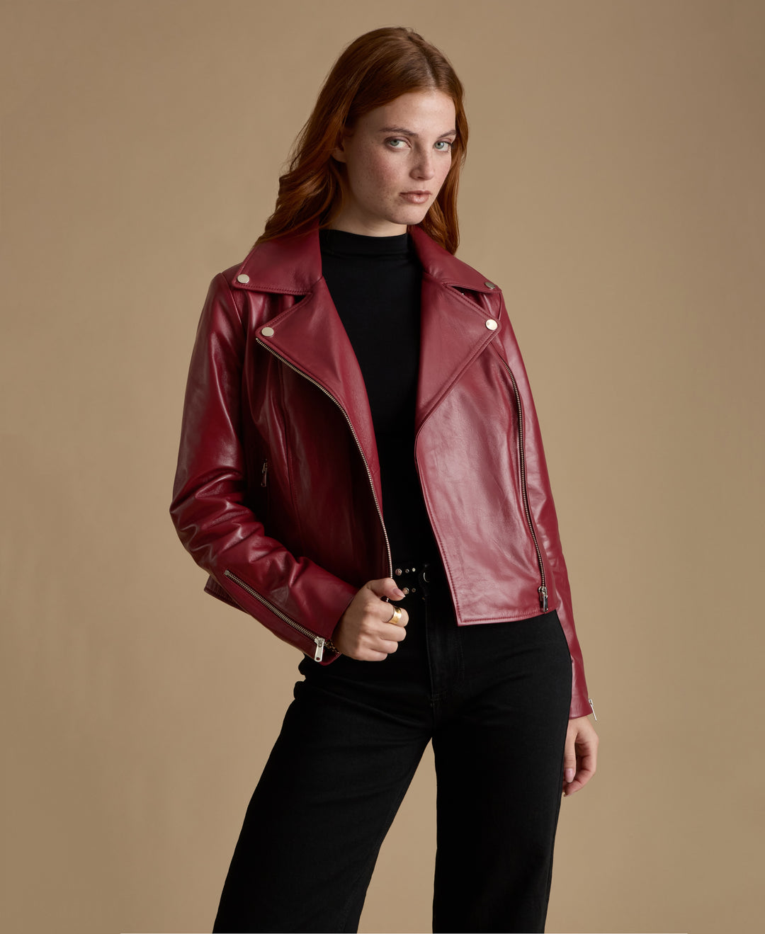Charlotte women’s light burgundy nappa leather jacket front view – tailored biker style in 100% British leather