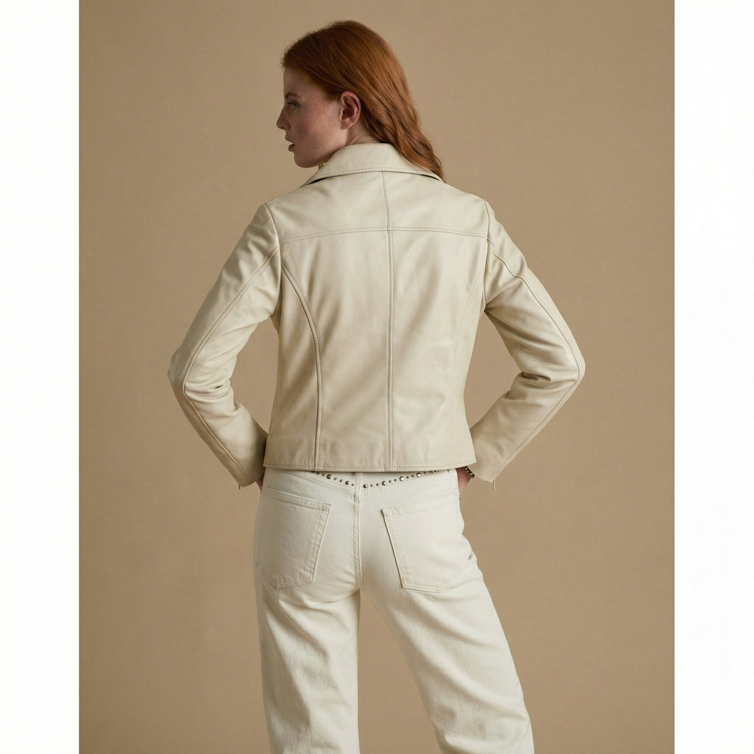 Back view of Charlotte women’s beige leather jacket – structured tailoring in 100% British leather