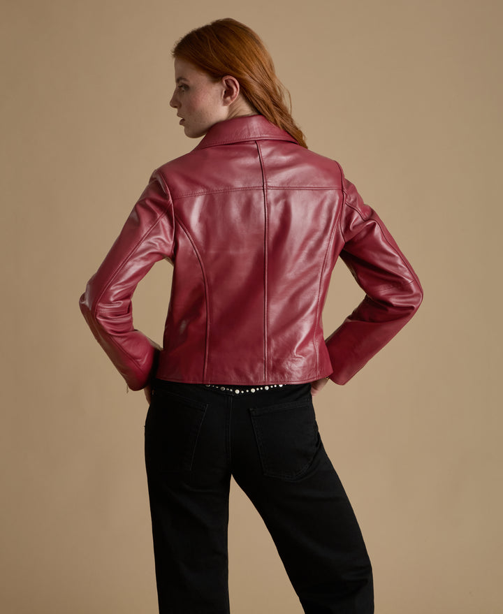 Back view of Charlotte women’s burgundy leather jacket – structured tailoring in 100% British leather