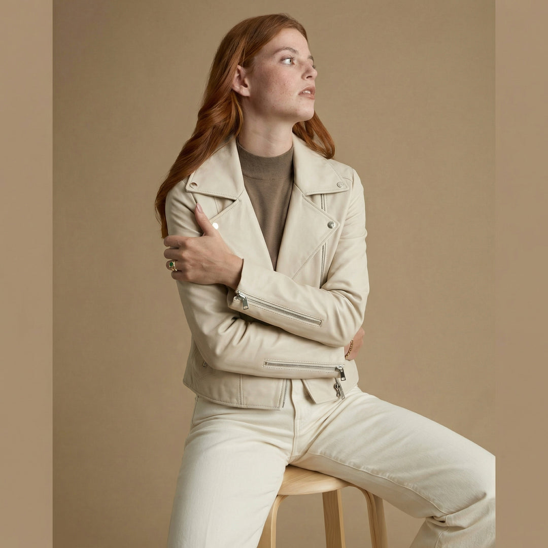 Women’s beige leather biker jacket styled for elevated everyday wear – soft nappa leather