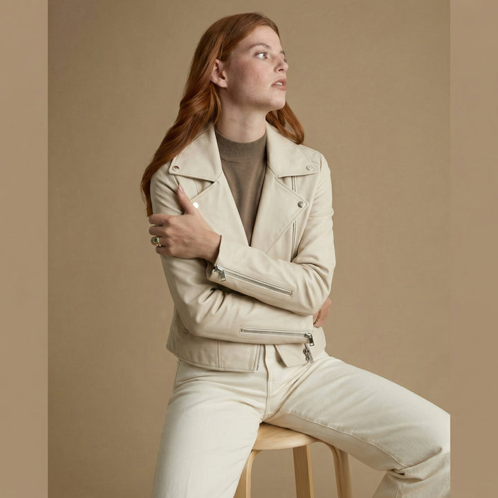 Women’s beige leather biker jacket styled for elevated everyday wear – soft nappa leather
