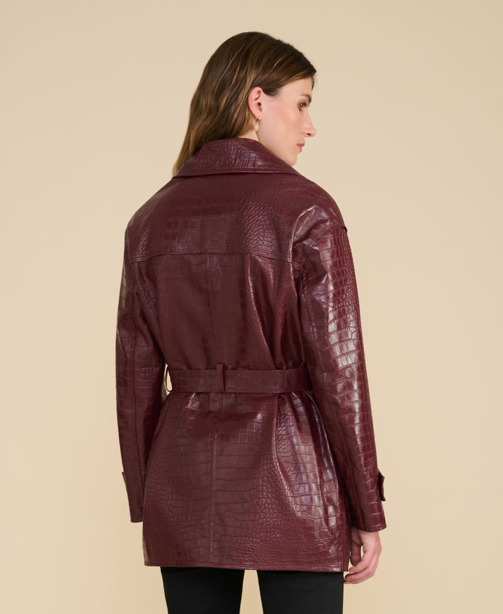 Back view of Pimlico women’s burgundy leather trench coat with belt detail – structured tailoring