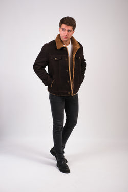 Image of Men's Suede Casual Jacket, Washed Brown With Ginger Curly Wool