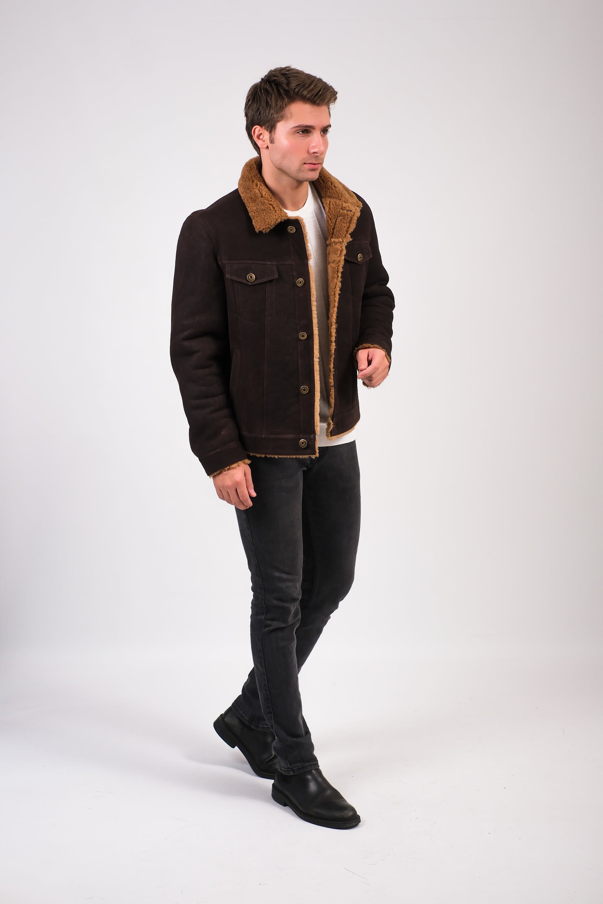 Men's Suede Casual Jacket, Washed Brown With Ginger Curly Wool