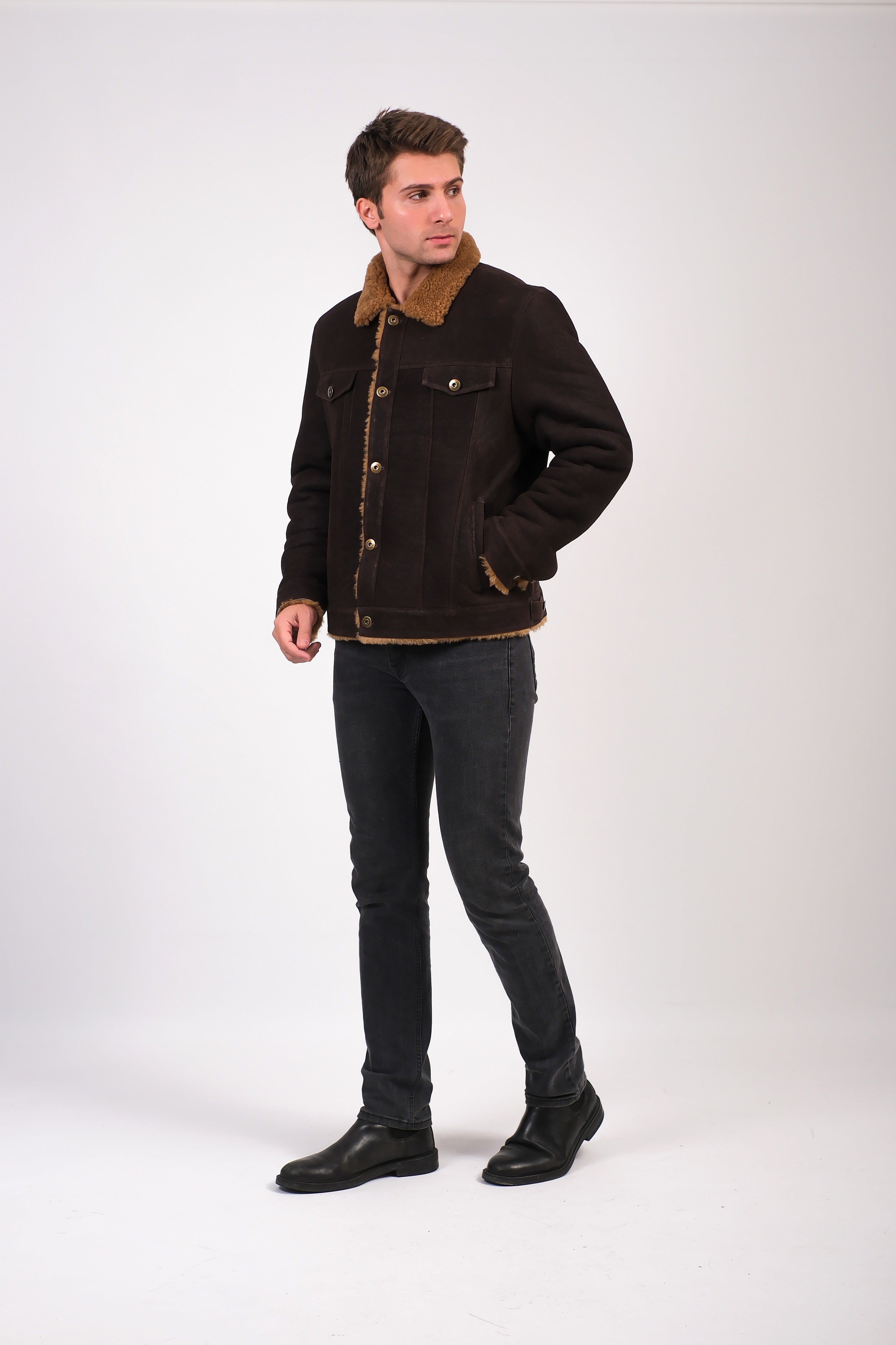 Men's Suede Casual Jacket, Washed Brown With Ginger Curly Wool