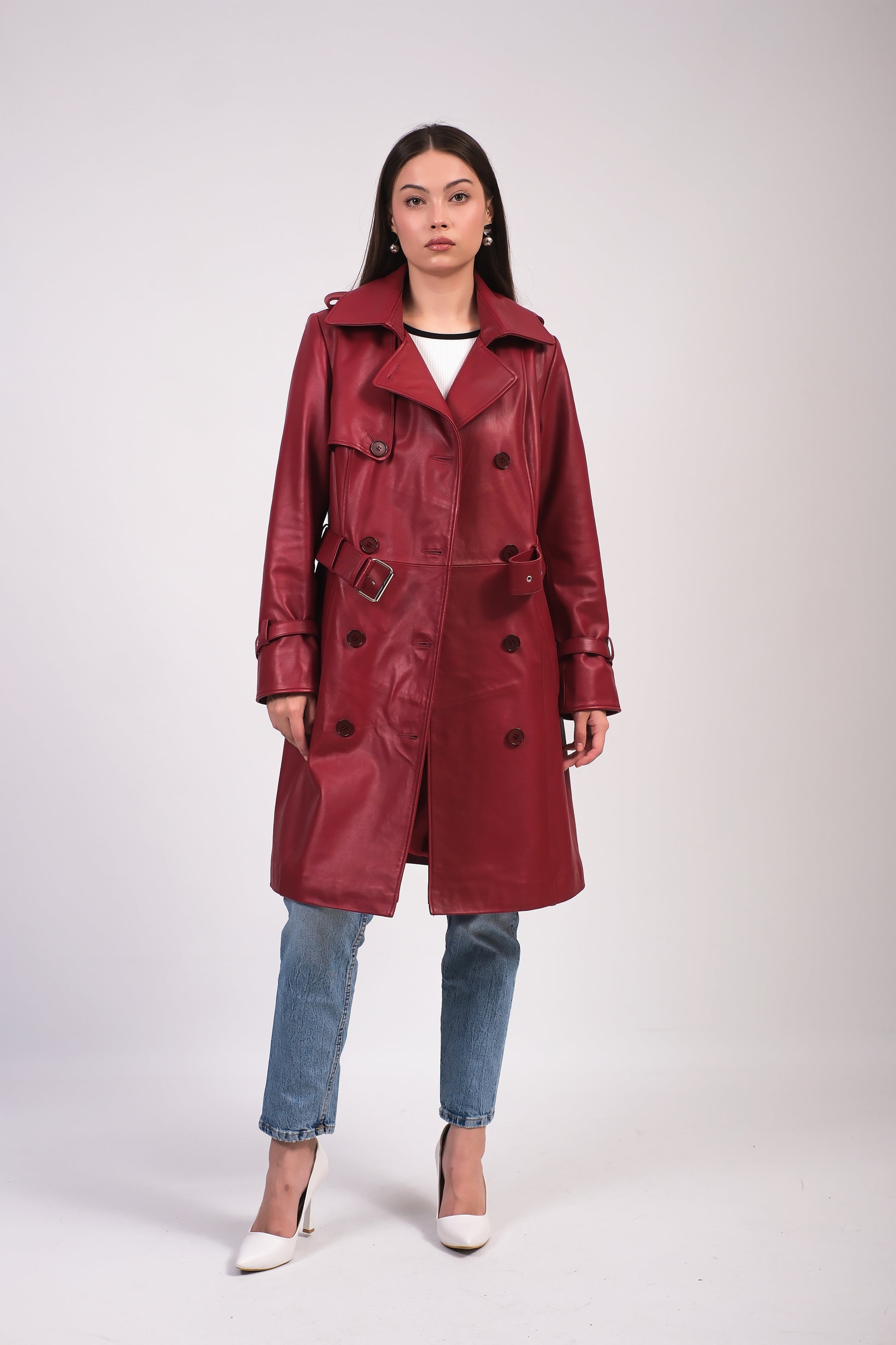 Women's Leather Trench Coat, Burgundy