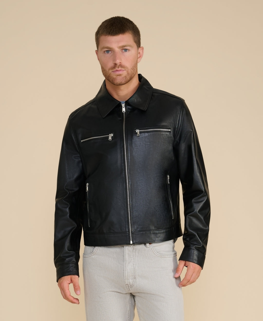 Men’s Lennox black leather jacket front view zip fastening