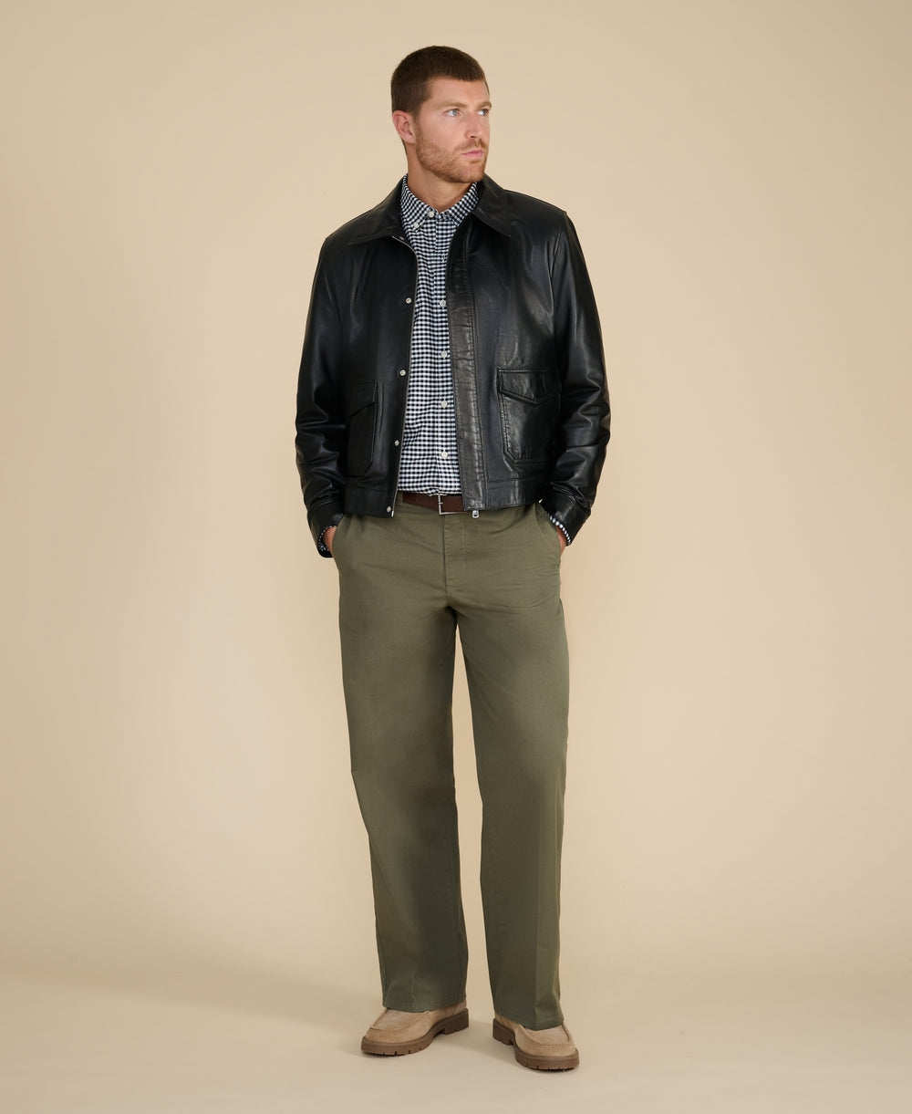 Maddox men's black nappa leather jacket full body front view