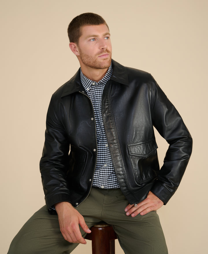 Maddox men's black nappa leather jacket styled seated modern fit