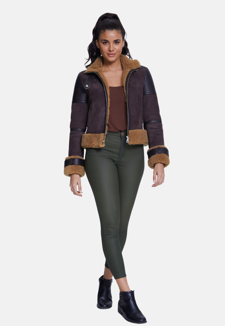Women's Fashion Jacket, Suede Brown With Curly Wool