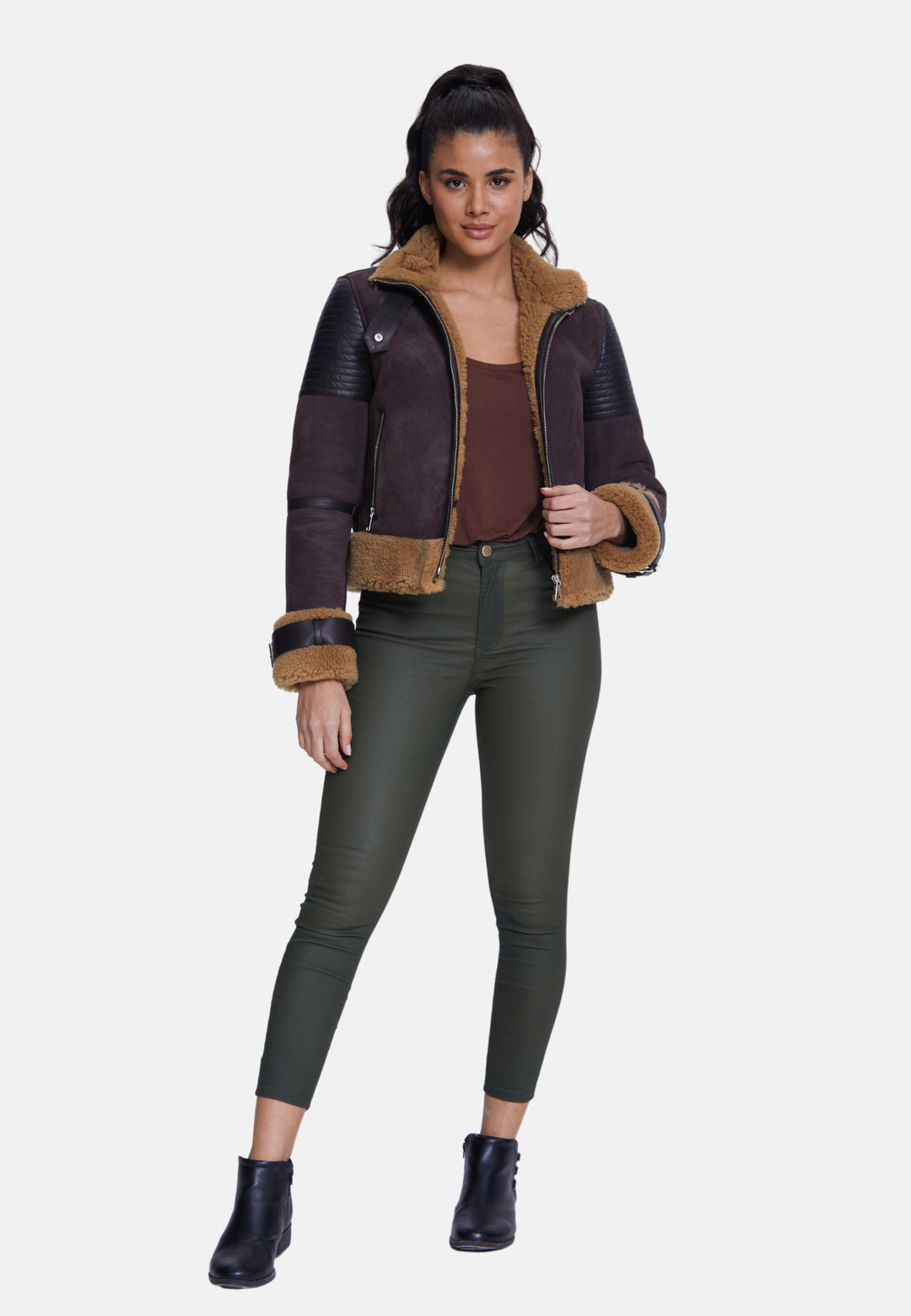 Women's Fashion Jacket, Suede Brown With Curly Wool