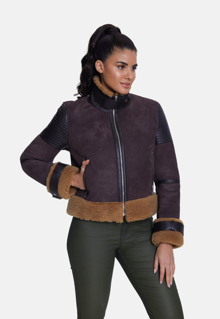 Women's Fashion Jacket, Suede Brown With Curly Wool