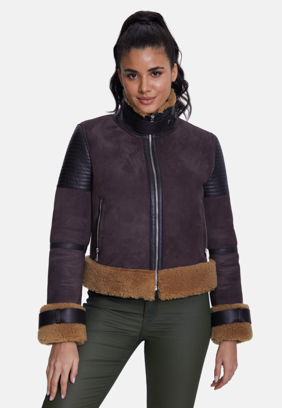 Women's Fashion Jacket, Suede Brown With Curly Wool