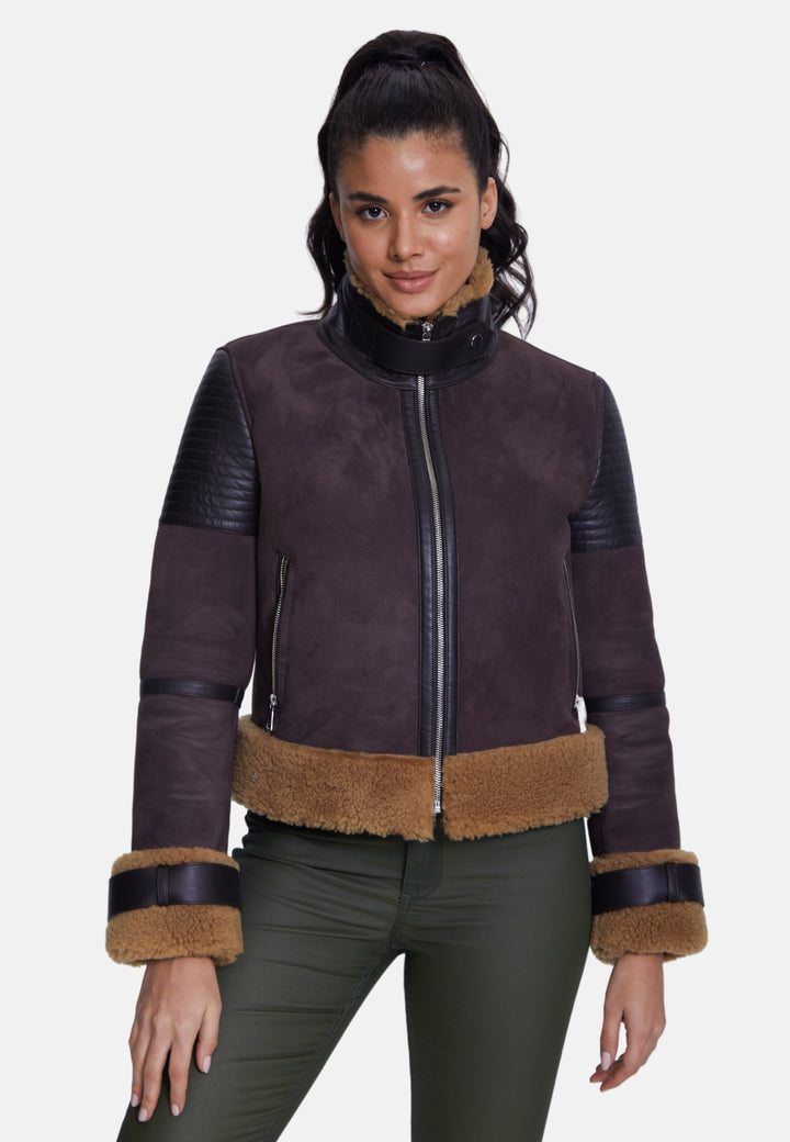 Women's Fashion Jacket, Suede Brown With Curly Wool