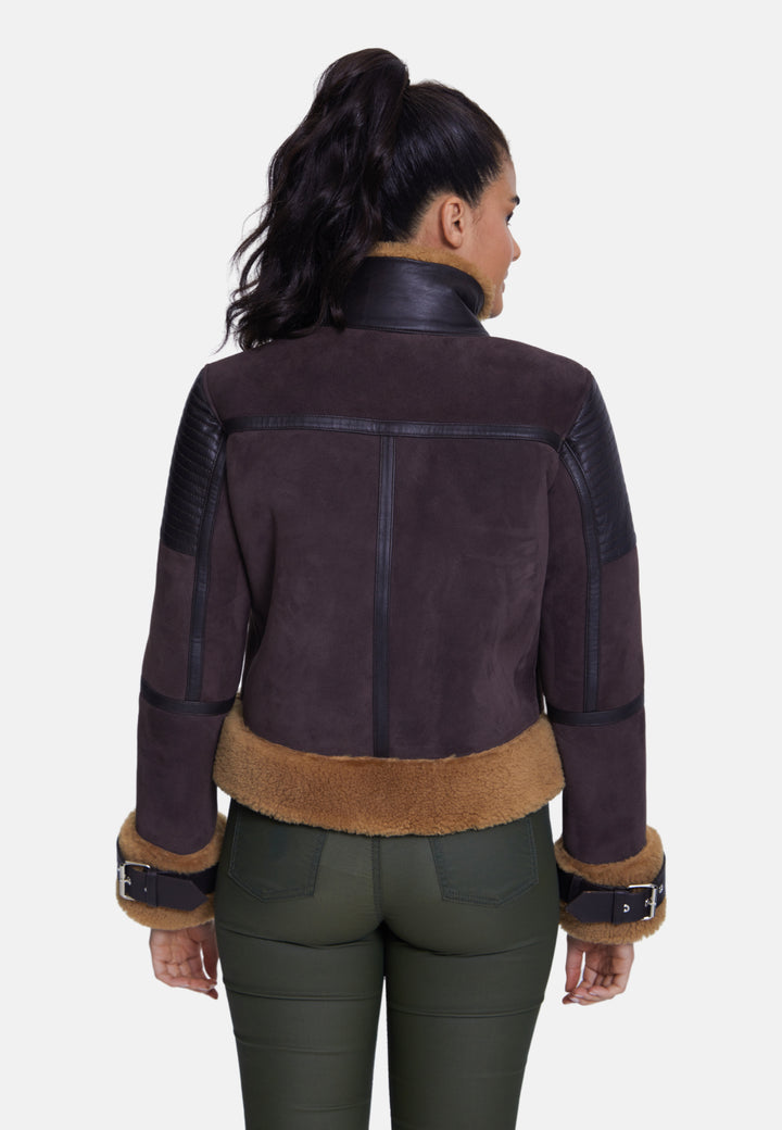 Women's Fashion Jacket, Suede Brown With Curly Wool