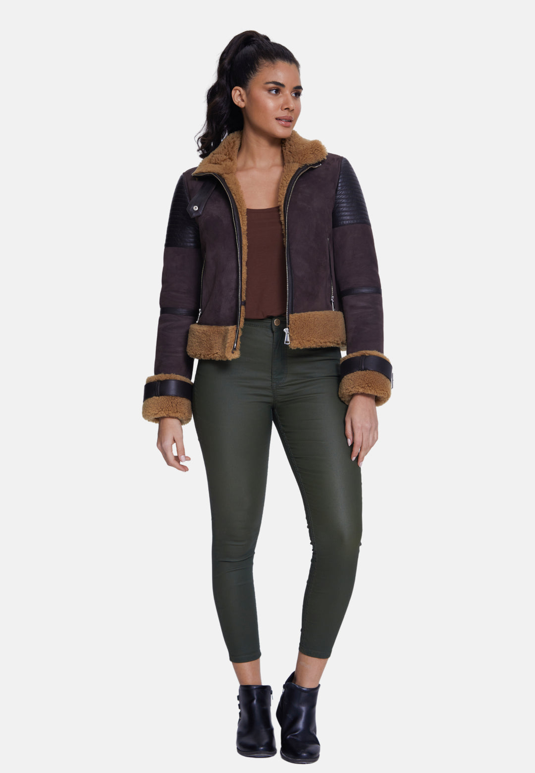 Women's Fashion Jacket, Suede Brown With Curly Wool
