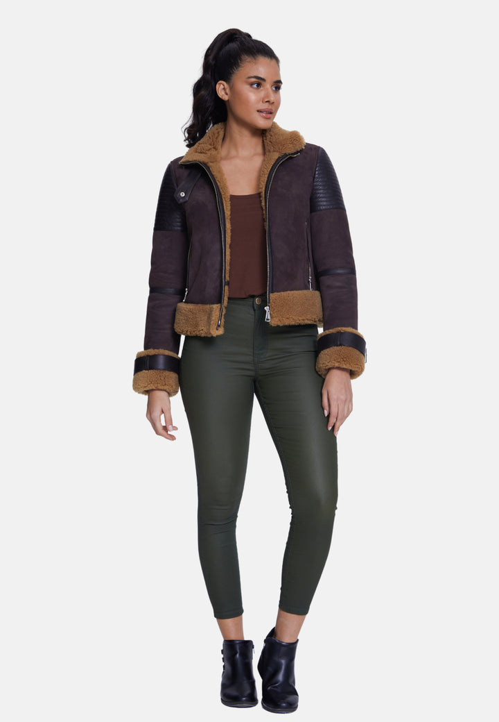 Women's Fashion Jacket, Suede Brown With Curly Wool
