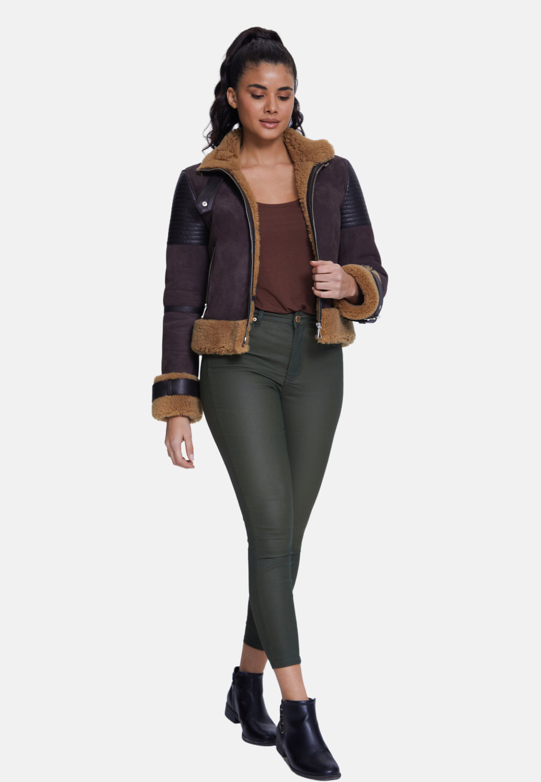 Women's Fashion Jacket, Suede Brown With Curly Wool