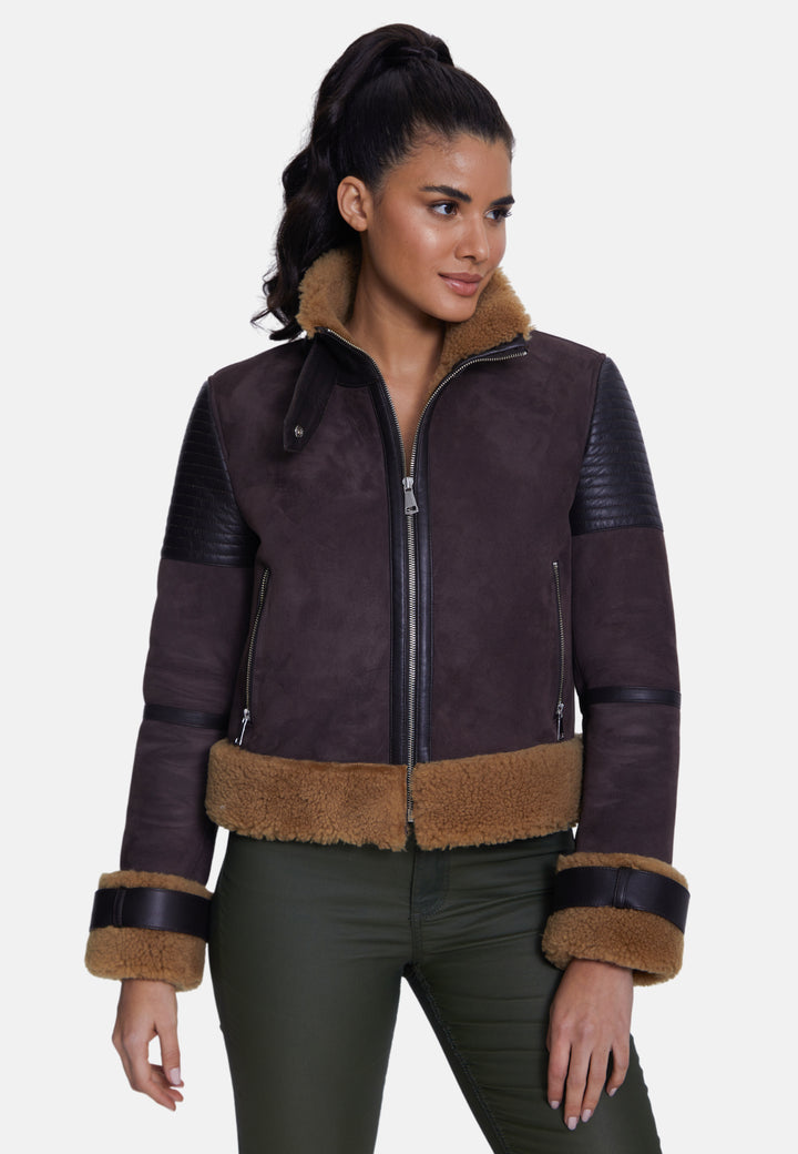 Women's Fashion Jacket, Suede Brown With Curly Wool