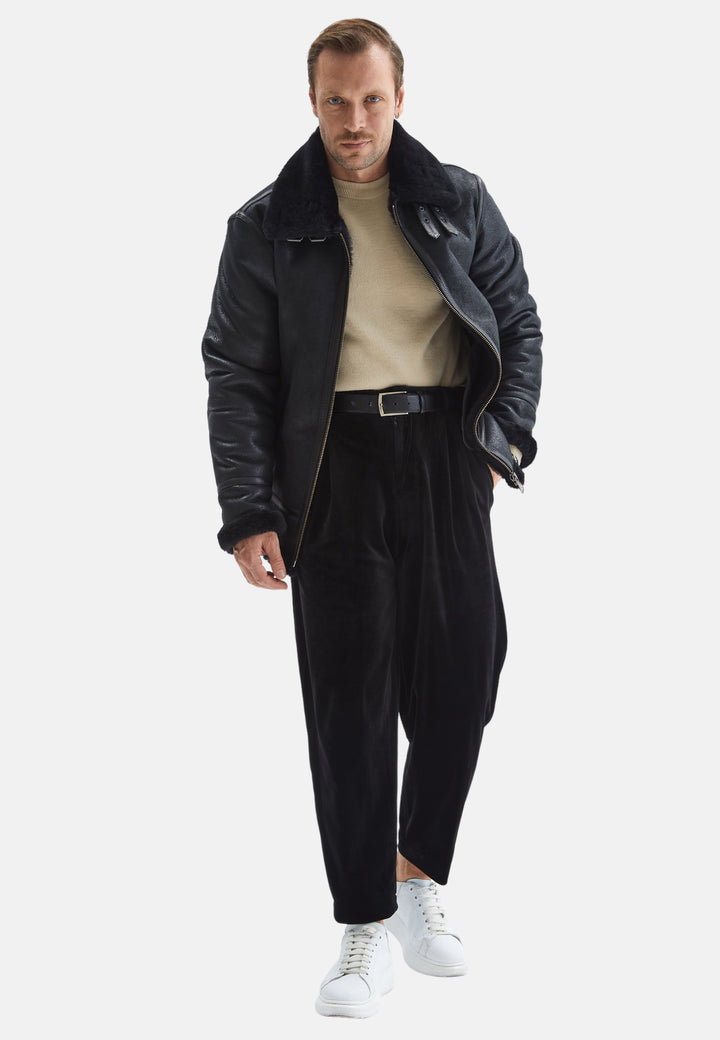 Men's Shearling Aviator Jacket, Vintage Black With Black Wool