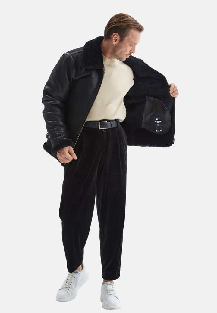 Men's Shearling Aviator Jacket, Vintage Black With Black Wool