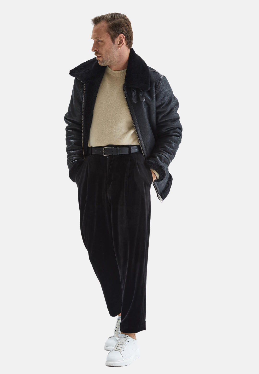 Men's Shearling Aviator Jacket, Vintage Black With Black Wool