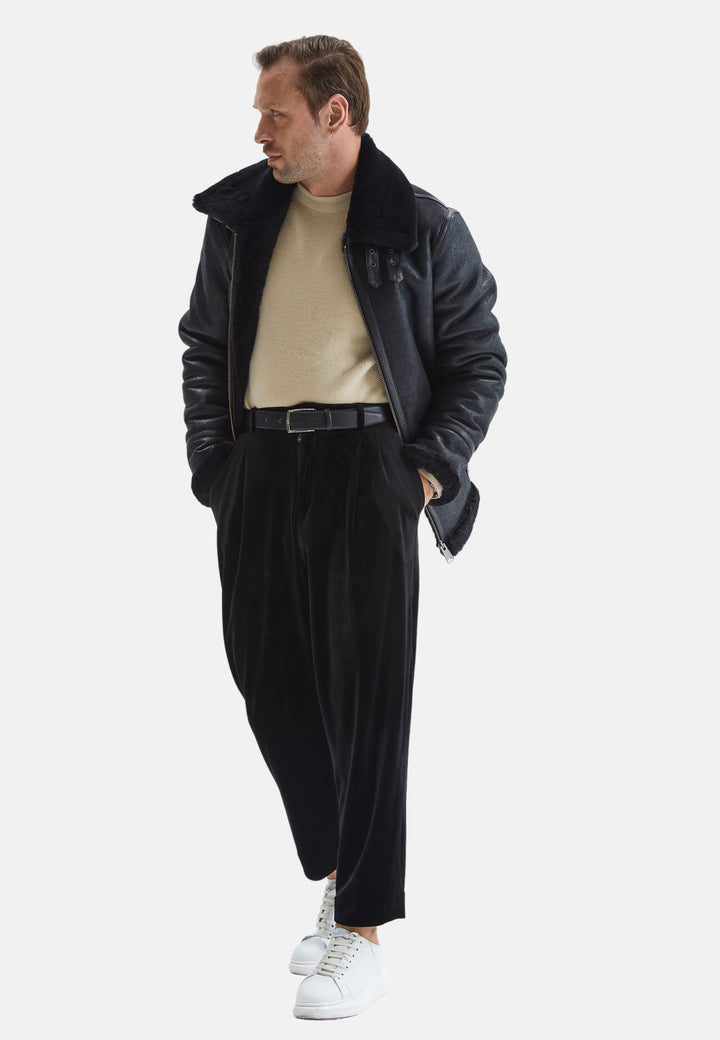 Men's Shearling Aviator Jacket, Vintage Black With Black Wool