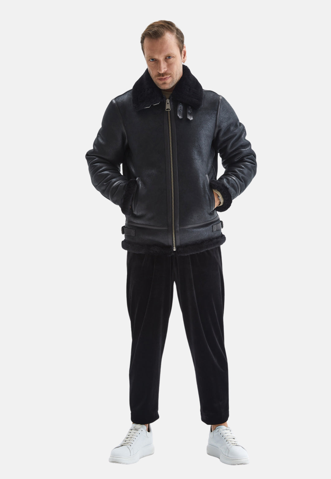 Men's Shearling Aviator Jacket, Vintage Black With Black Wool