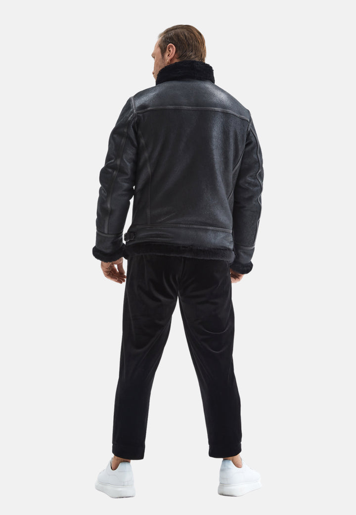 Men's Shearling Aviator Jacket, Vintage Black With Black Wool