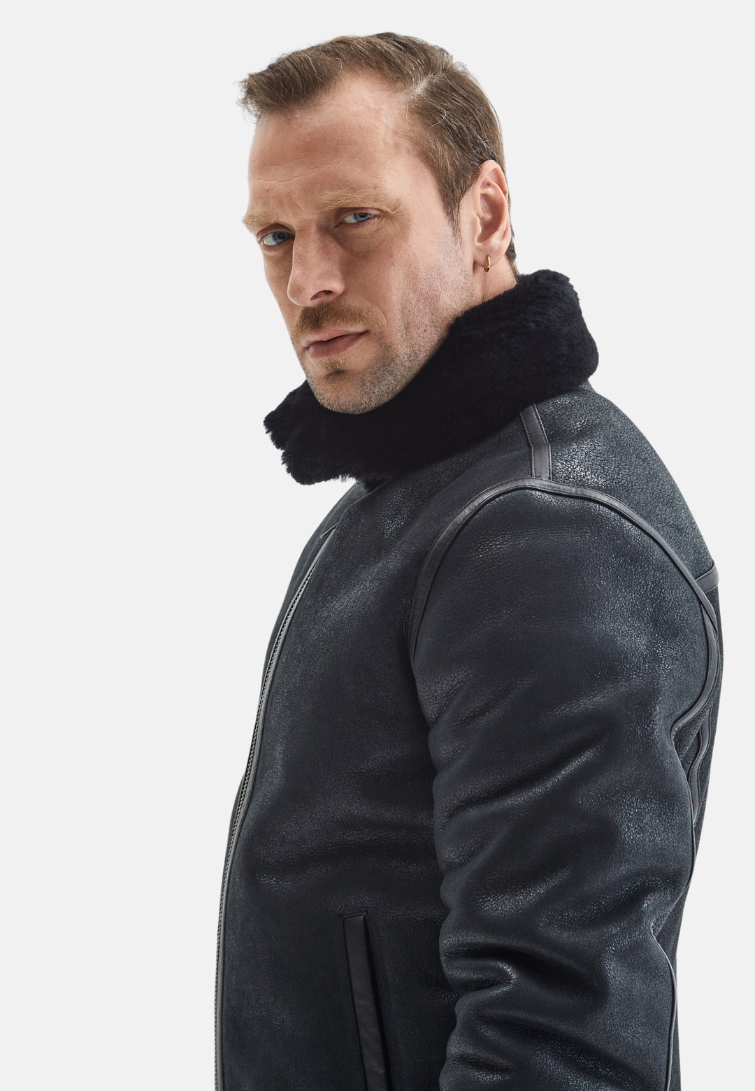 Men's Shearling Aviator Jacket, Vintage Black With Black Wool