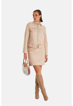 Image of Women's Genuine Leather Blazer Jacket, Beige