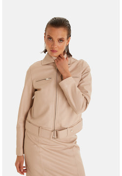 Image of Women's Genuine Leather Blazer Jacket, Beige