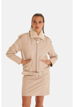 Image of Women's Genuine Leather Belted Biker Jacket, Nappa Beige