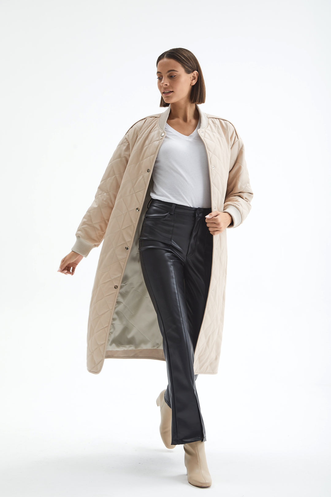 Genuine Leather Trench Coat Beige