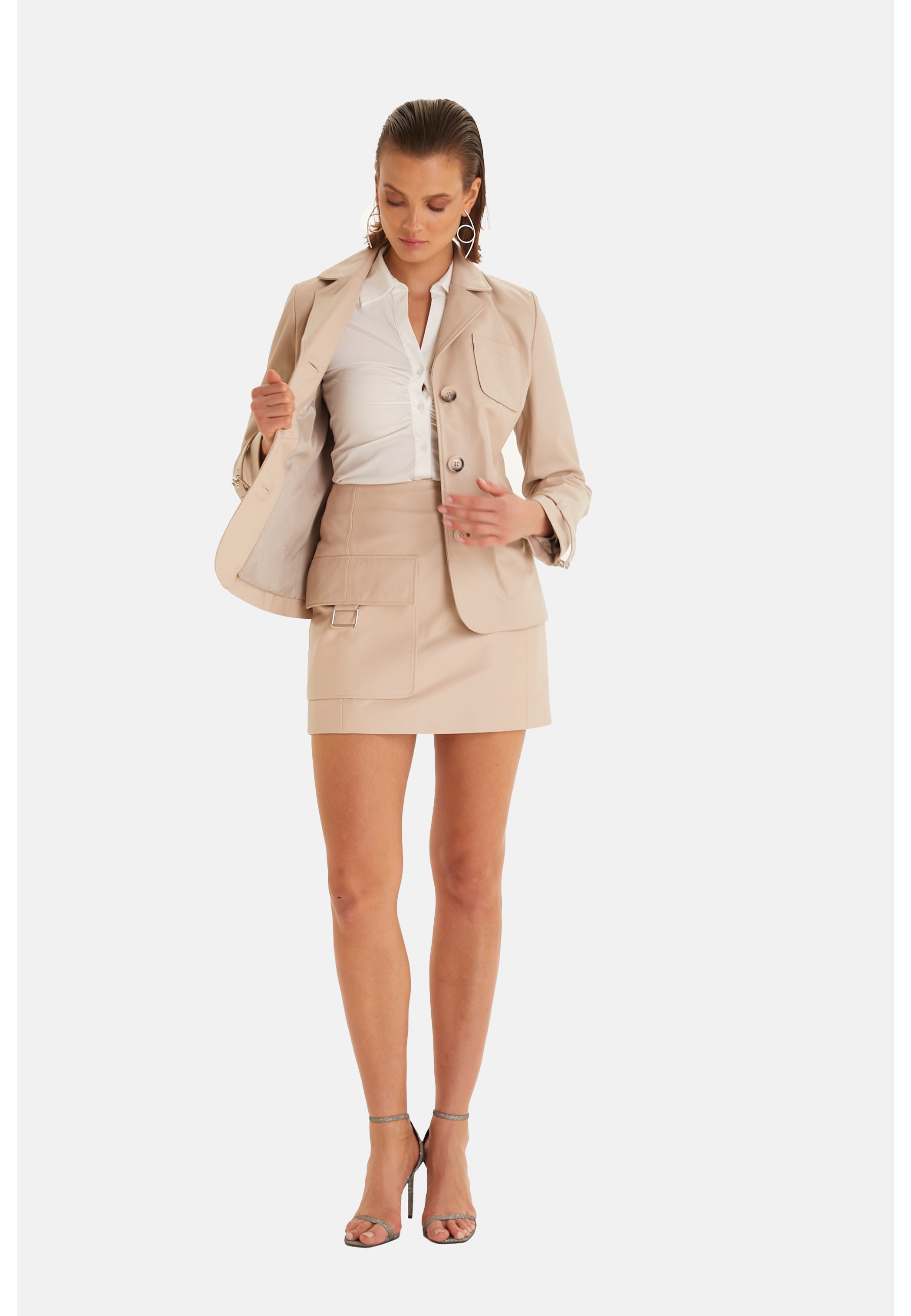 Women's Safari Jacket, Beige Leather