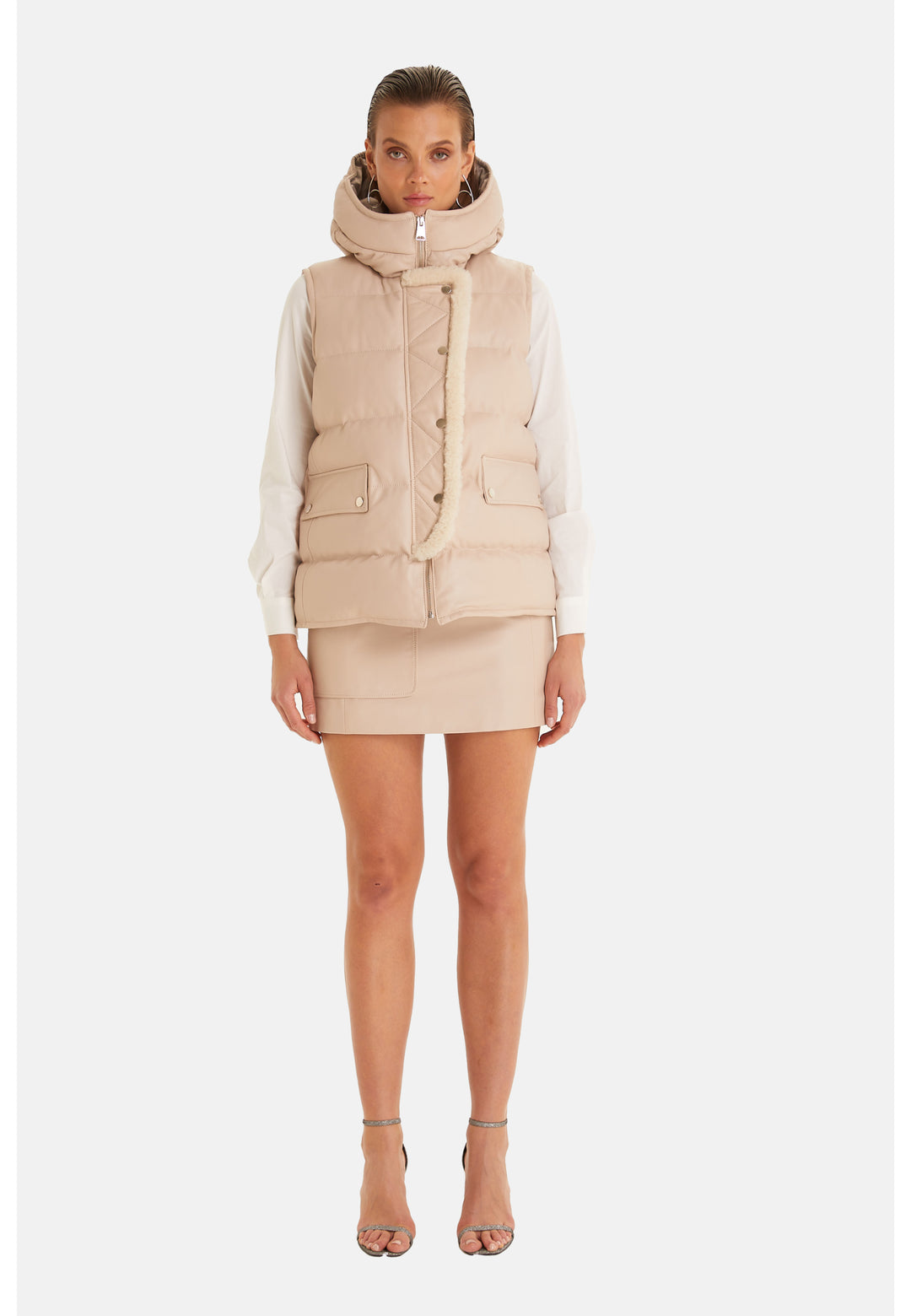 Women's leather vest with hood, Beige