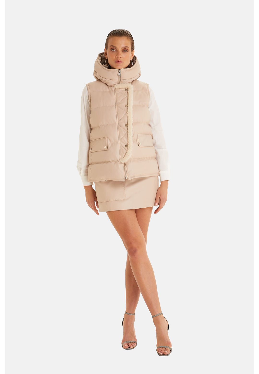 Women's leather vest with hood, Beige