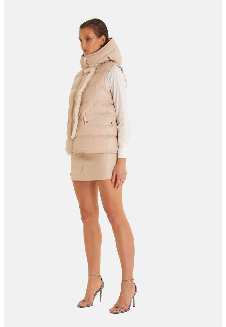 Women's leather vest with hood, Beige