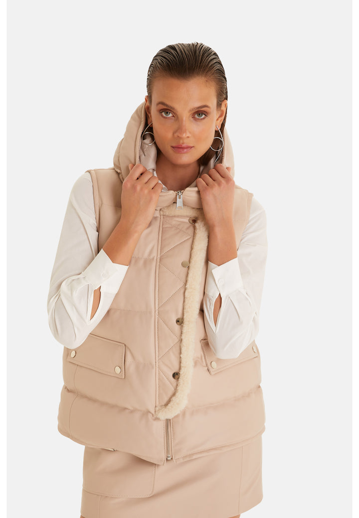 Women's leather vest with hood, Beige