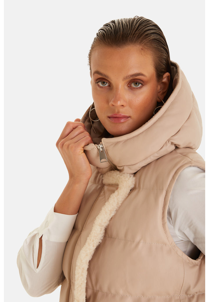 Women's leather vest with hood, Beige