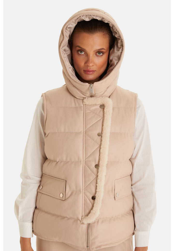 Women's leather vest with hood, Beige
