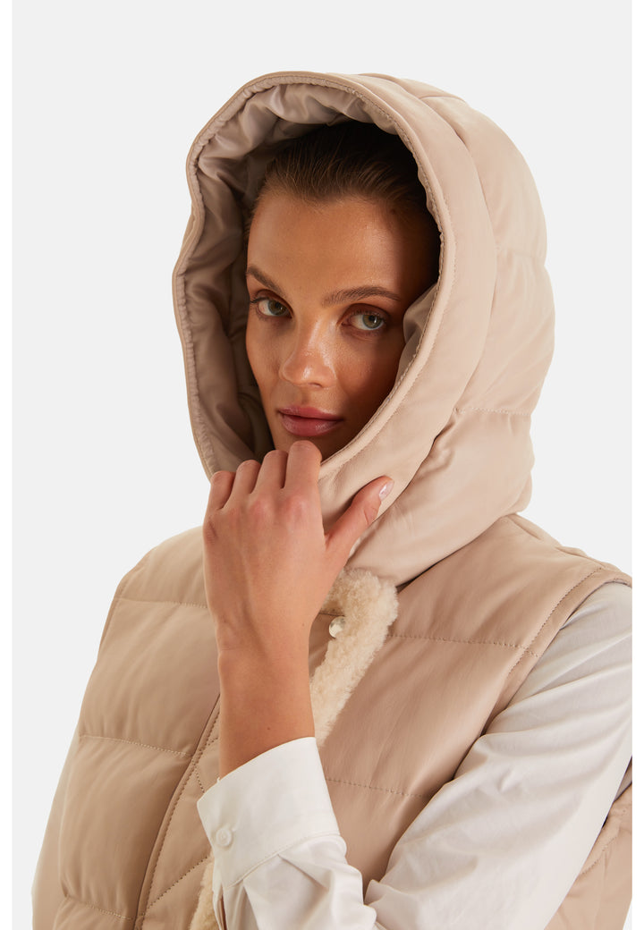 Women's leather vest with hood, Beige