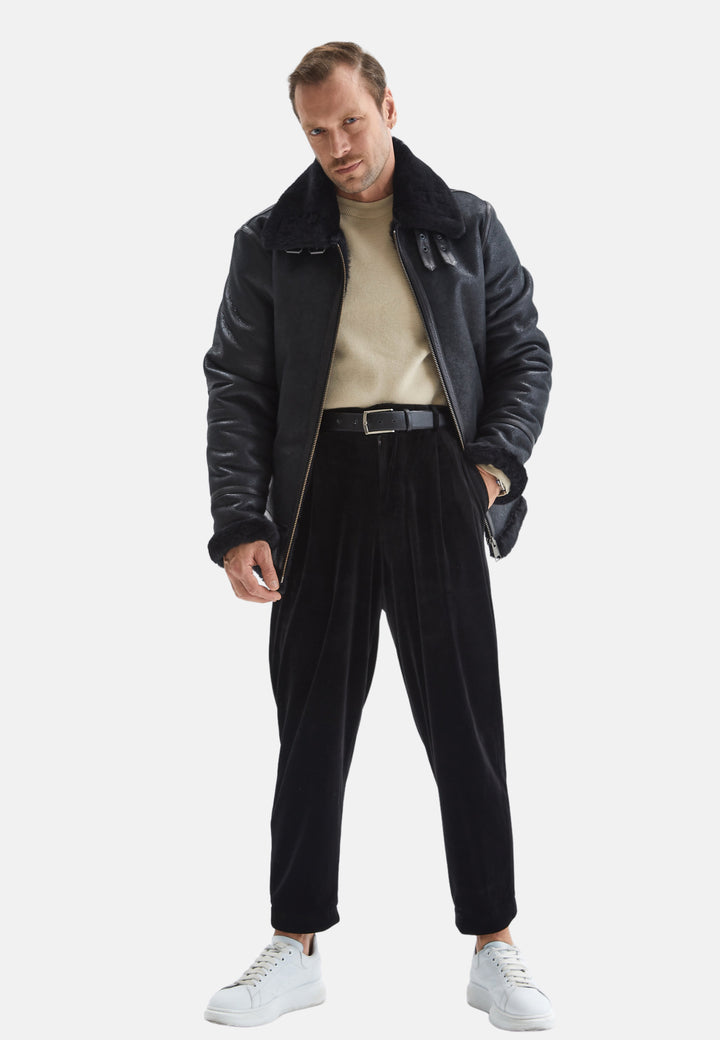 Men's Shearling Aviator Jacket, Vintage Black With Black Wool