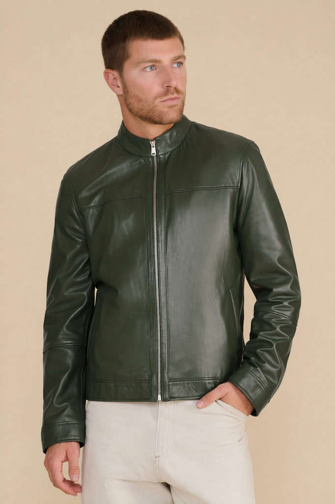 Khaki Leather Jacket for Men – Premium Leather | FURNIQ UK