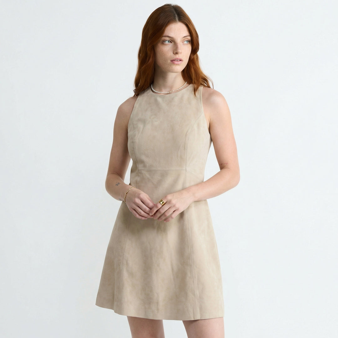 Women’s beige suede A-line dress with tailored panel detailing