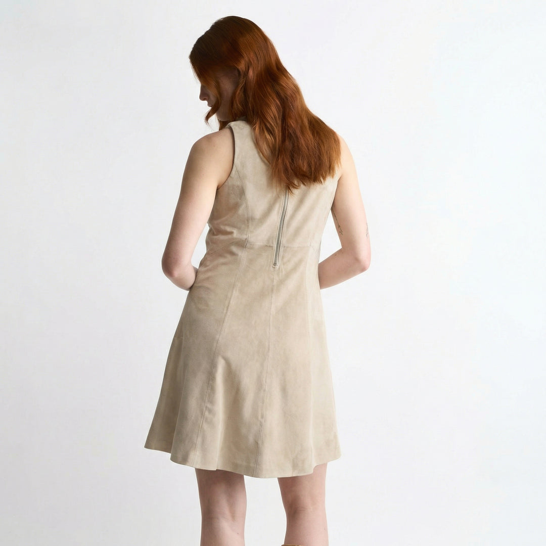 Back view of Helene women’s beige suede dress with concealed zip closure